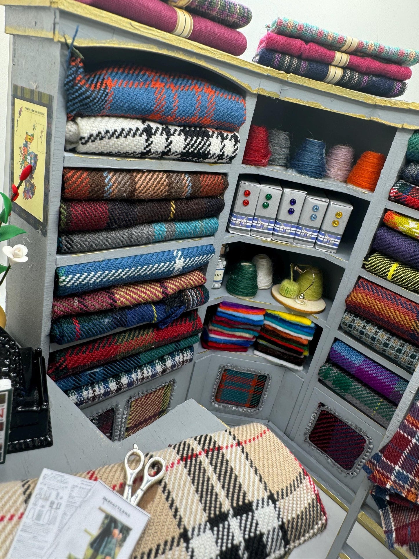 Dolls House Miniatures - 1/12th Tartan fabric Inspired Haberdashery Shop Shelves and counter and mannequin