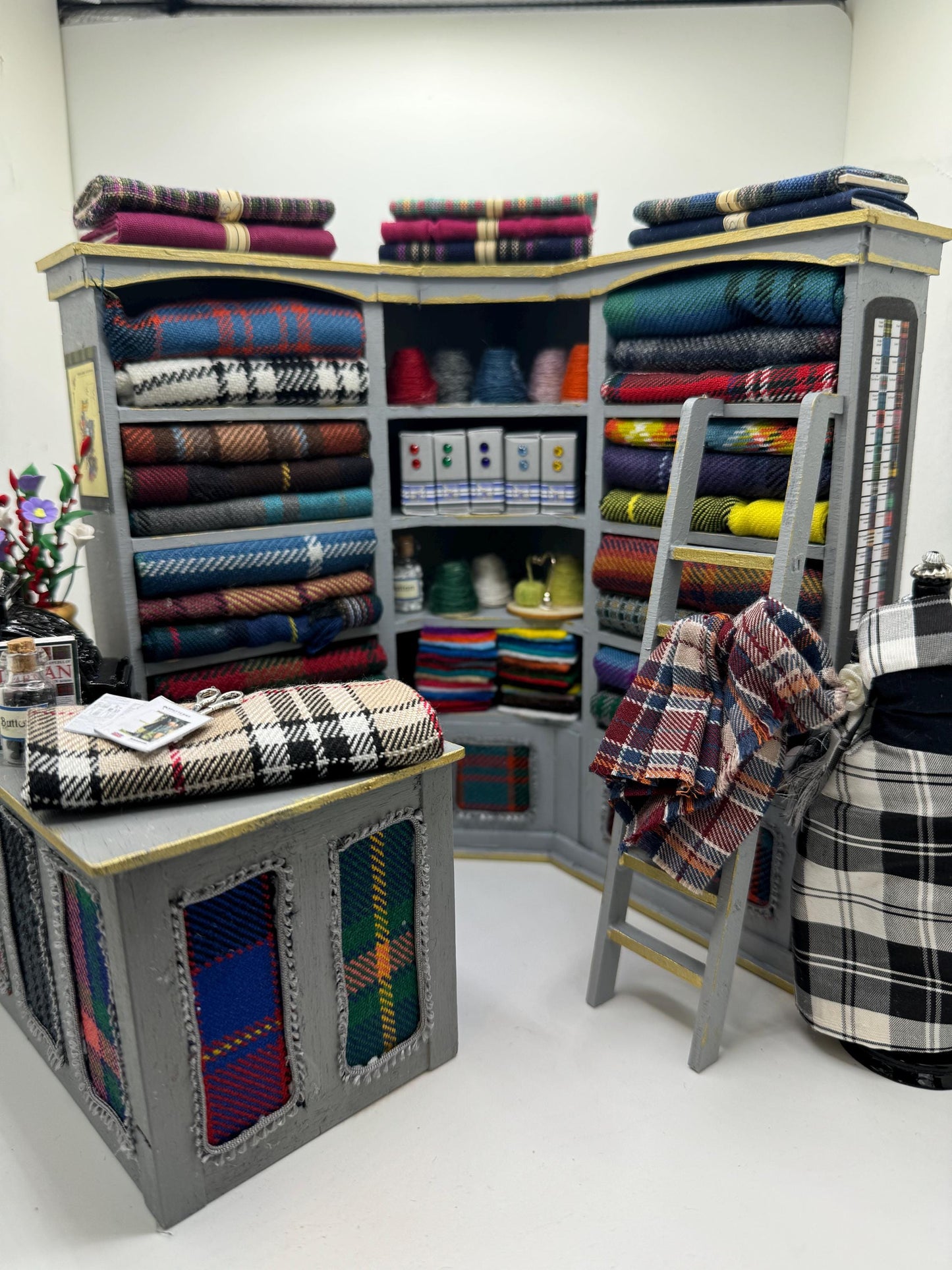 Dolls House Miniatures - 1/12th Tartan fabric Inspired Haberdashery Shop Shelves and counter and mannequin