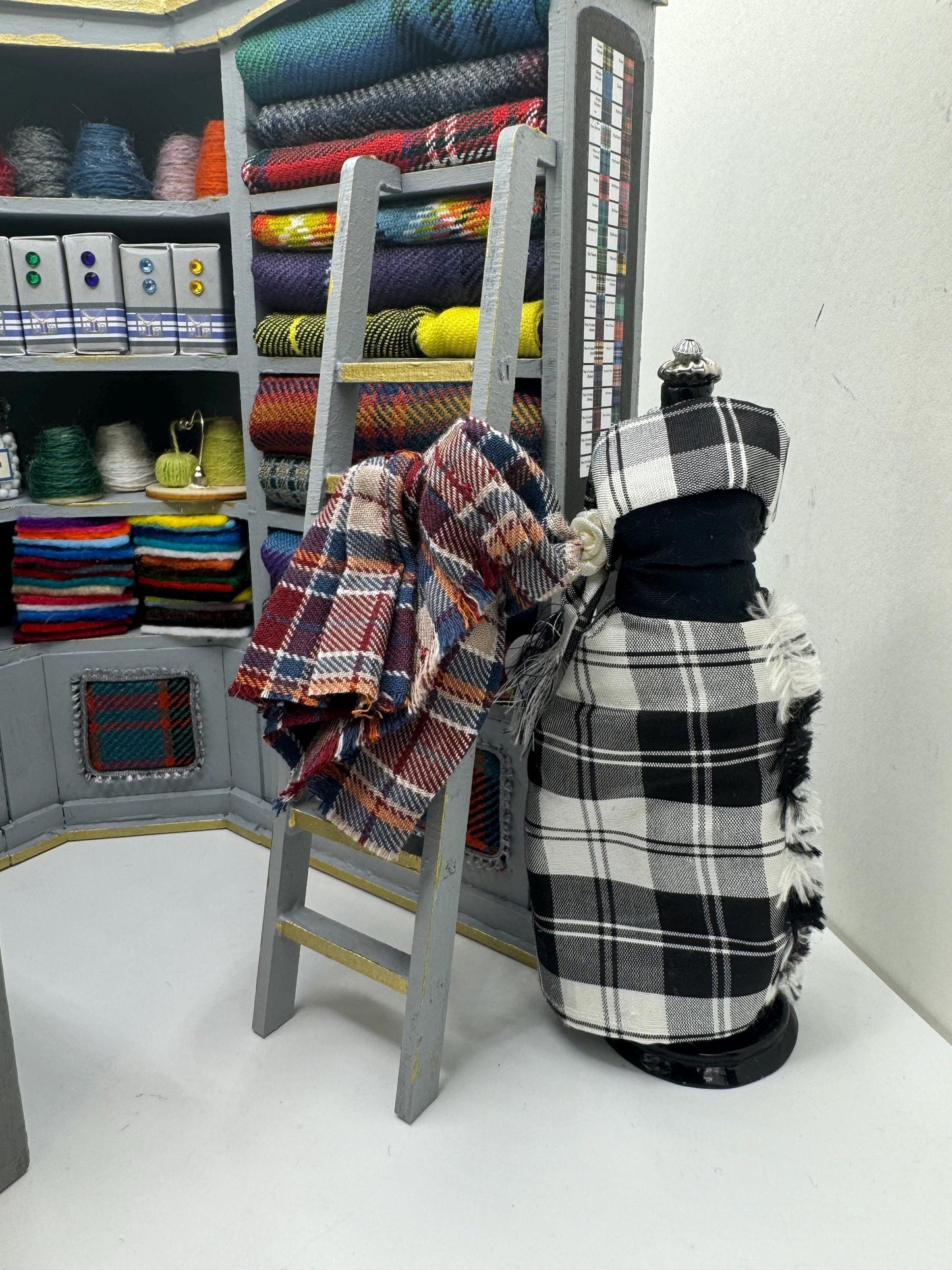 Dolls House Miniatures - 1/12th Tartan fabric Inspired Haberdashery Shop Shelves and counter and mannequin