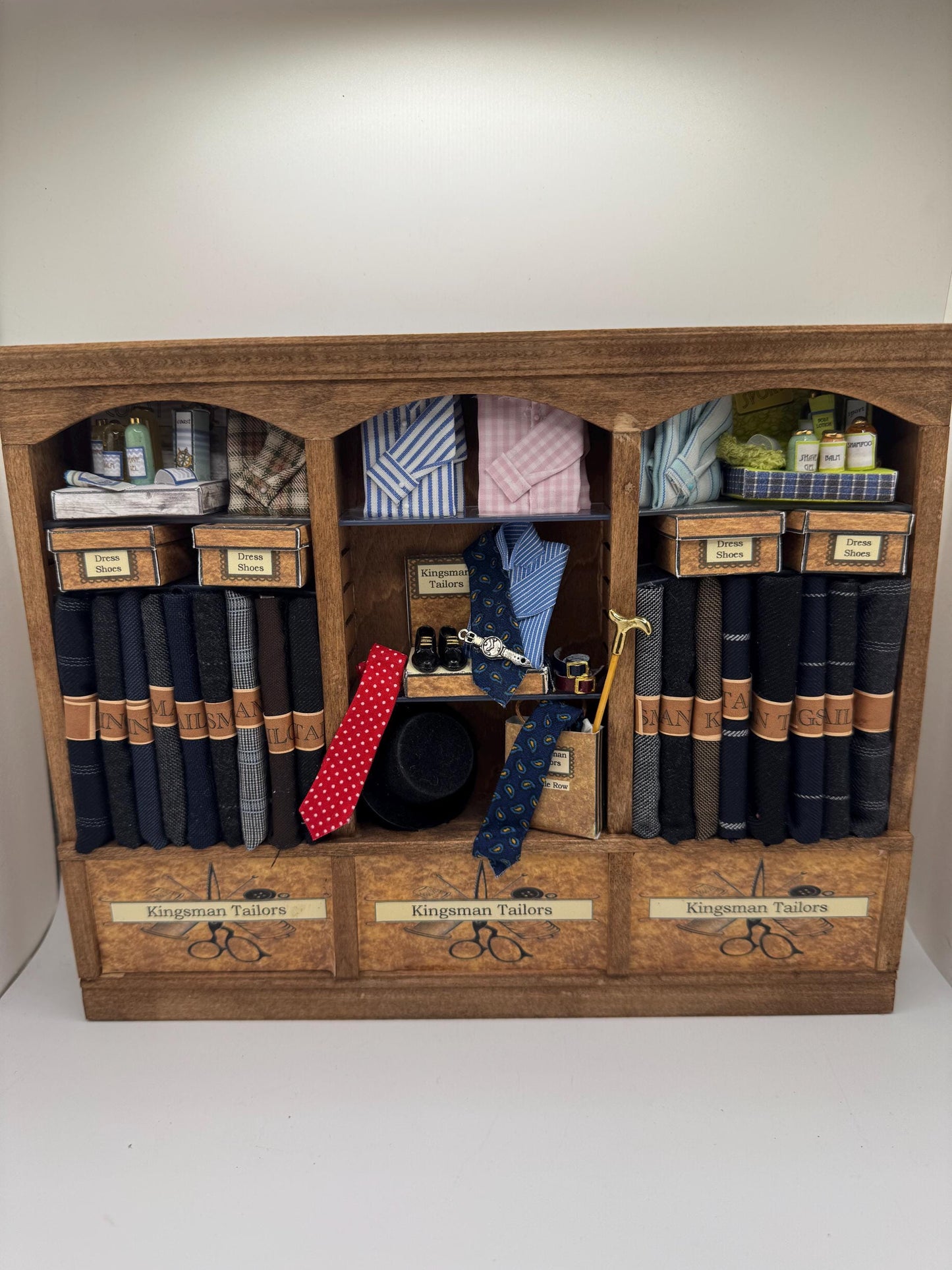 Dolls House Miniatures - Hand Made 1/12th - Gentlemans outfitters / shirt shop shelves (various)