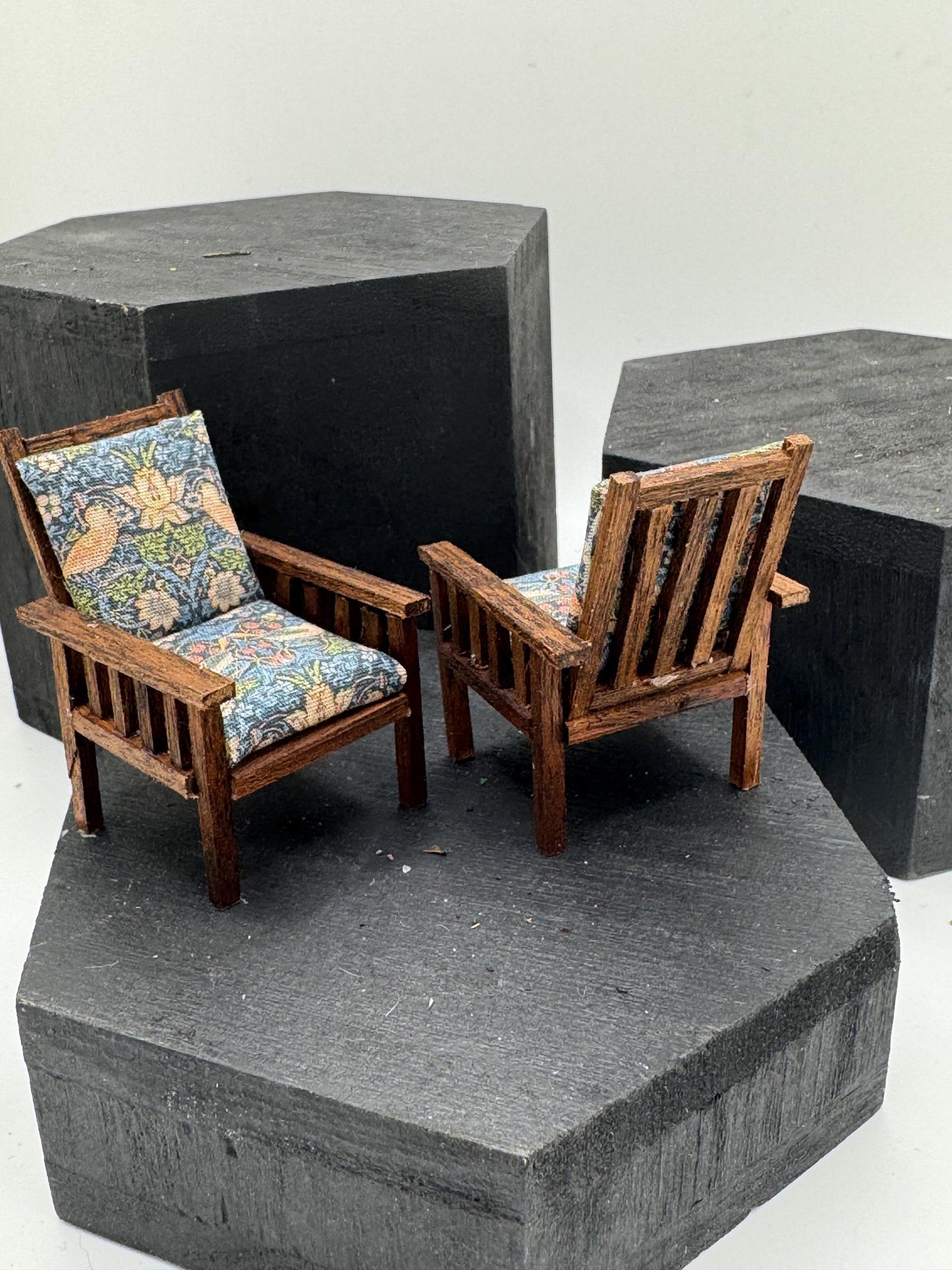 Dolls House Miniatures 1/24th / 1:24th / Half Inch Scale -  arts and crafts chairs x2 William Morris’s fabric