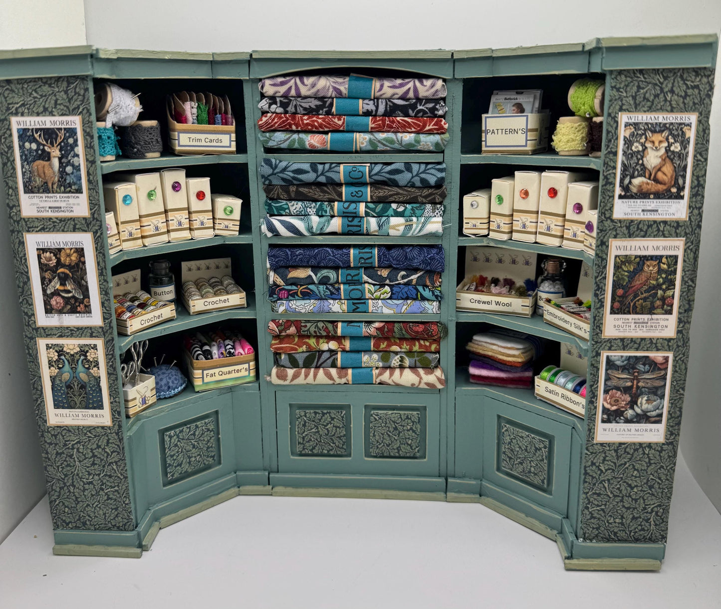 Dolls House Miniatures - 1/12th  William Morris fabric and Inspired Haberdashery Shop Shelves