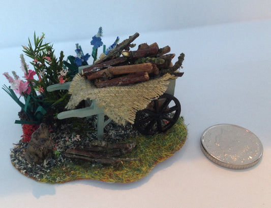Dolls House Miniatures ( 1/48th - 1:48th - 1/4&quot; - Quarter Inch Scale )  Hand Painted Pretty    - Garden Log Cart Scene